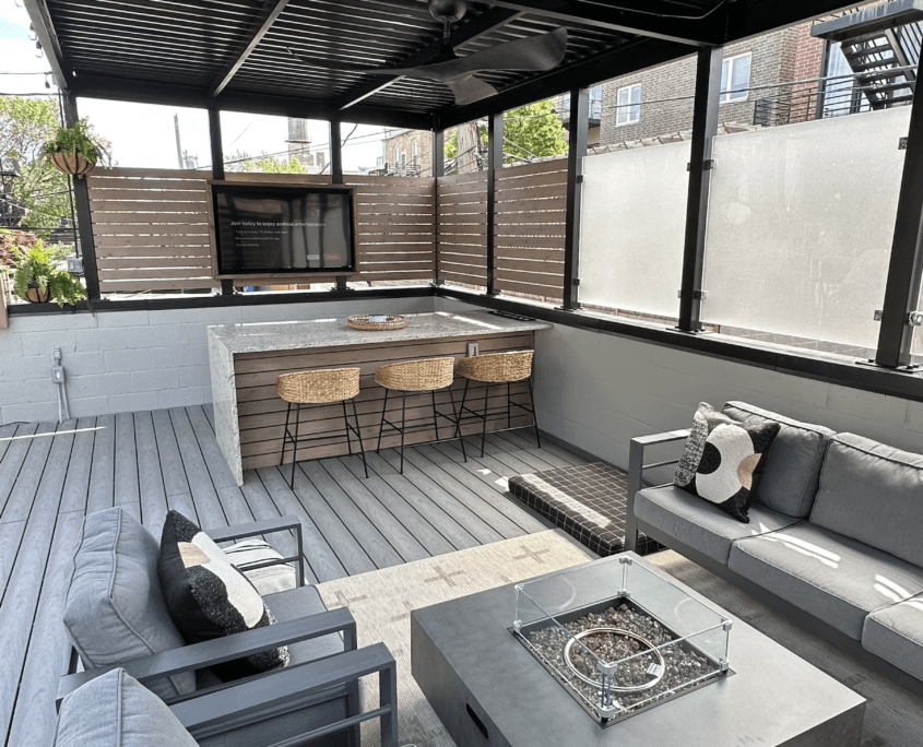 Garage roof deck lounge with tv chicago il