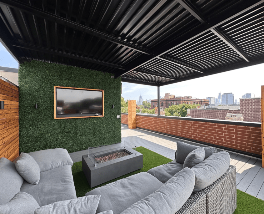 Roof deck lounge with fire pit and TV chicago il