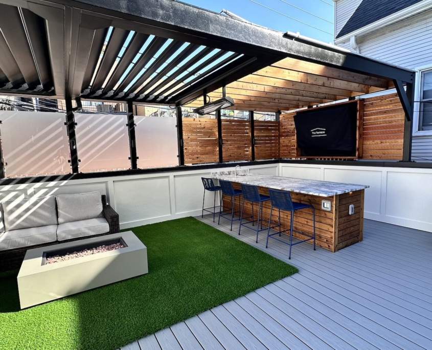 Steel Wooden Pergola Fire Pit Outdoor Kitchen Louvered Pergola Planters Lake View Chicago